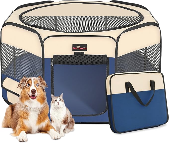 Aivituvin Dog Playpen with Carrying Bag, Removable Shade Cover, Blue, M