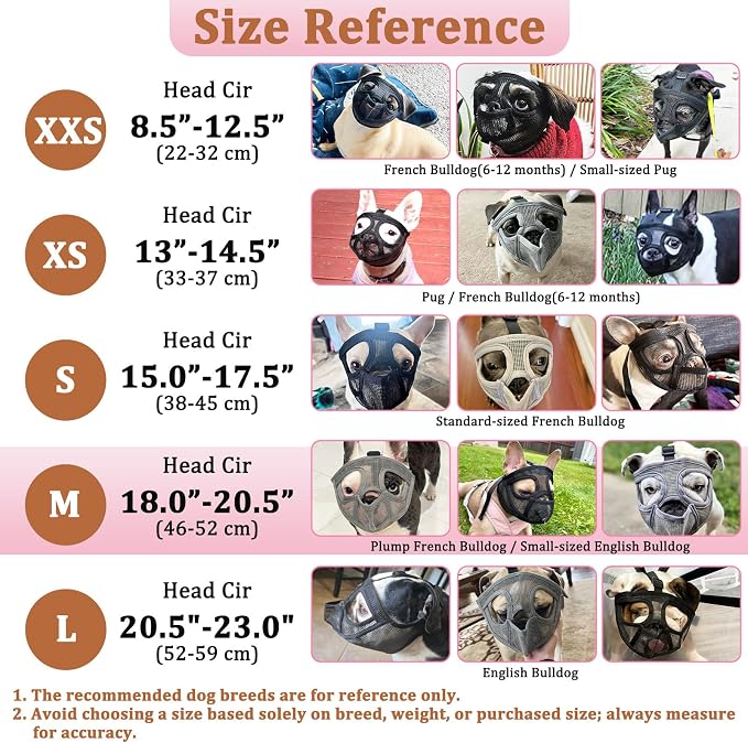 Mesh Short Snout Dog Muzzle with Anti-Eating Design for Frenchie | Fits French Bulldog Pug English Bulldog, Prevent Scavenging, Walking Grooming Use , Allows Full Panting Drinking | Pink, M