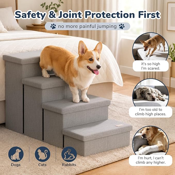 4-Step Wide Dog Stairs with Storage 23" H, Non-Slip Sturdy Pet Steps for High Bed Couch Window, Pet Stairs for Small/Medium/Large Old Dogs Cats Up to 220lbs, Cat Dog Steps for Car/SUV, Grey
