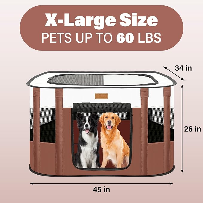 Foldable Cat & Dog Playpen with Carry Bag, Brown X-Large