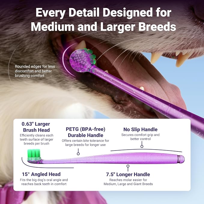 Dog Toothbrushes for Medium and Large Dogs&Cats, 2pcs, Ultra Soft Bristle, Long Durable Handle, Pet Tooth Brush and Dental Care Kit, Super Thin Bristle Gentle on Gum for Sensitive Pets, Red Violet