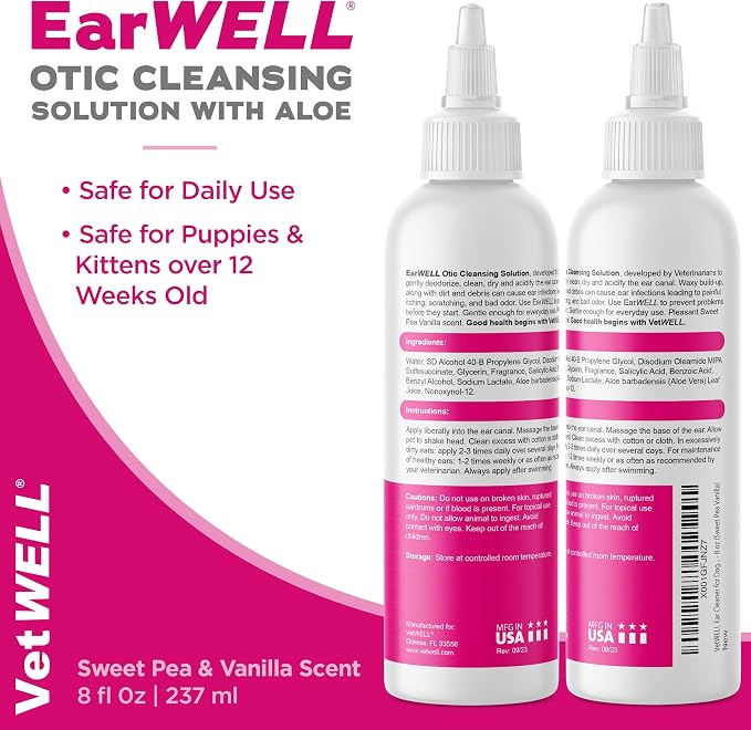 VetWELL Ear Cleaner for Dogs and Cats, 8 oz, Sweet Pea Vanilla (Pack of 2)