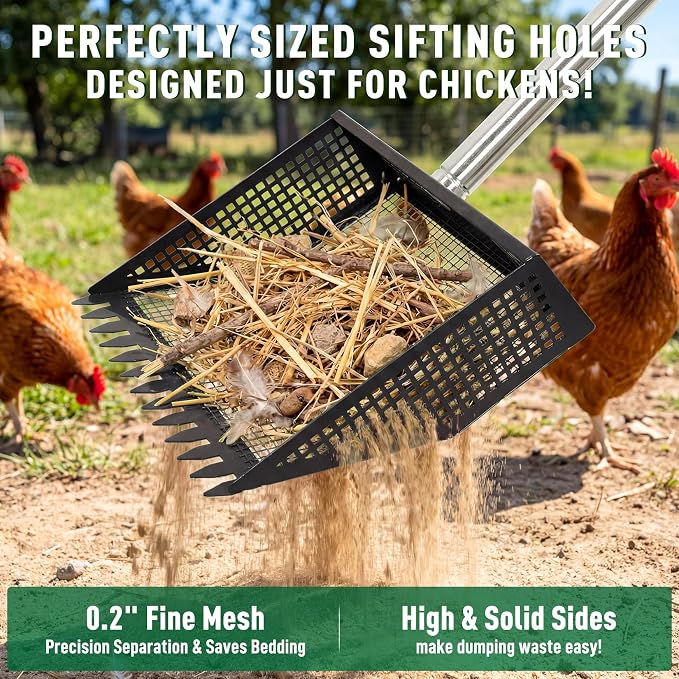 TOOGE Large Chicken Poop Scooper: 2-in-1 Metal Pooper Scooper & Rake Adjustable 62" Long Handle Stainless Steel Sand Sifting Litter Shovel Chicken Coop Scoop Cleaning for Bedding Goats Bright Black