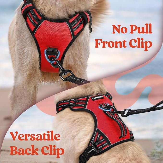 rabbitgoo Large Dog Harness, Easy Wear with 3 Buckles and Lift Handle | No Pull with Front Clip for Walking, Adjustable Soft Padded, Reflective, Easy Control, Red, X-Large