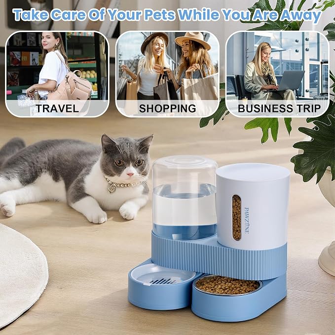 2 Pack Automatic Cat Feeder Stainless Steel Water Dispenser Gravity Food Feeder and Waterer Set with Pet Food Bowl for Small Medium Kitten Puppy Pets Large Capacity(Blue)