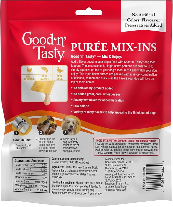 Good 'n' Tasty Triple Flavor Puree Mix-Ins Dog Food Topper Treats for All Dogs, 28 Count, Easy Single-Serve Portions, Added Protein with Chicken, Salmon and Duck
