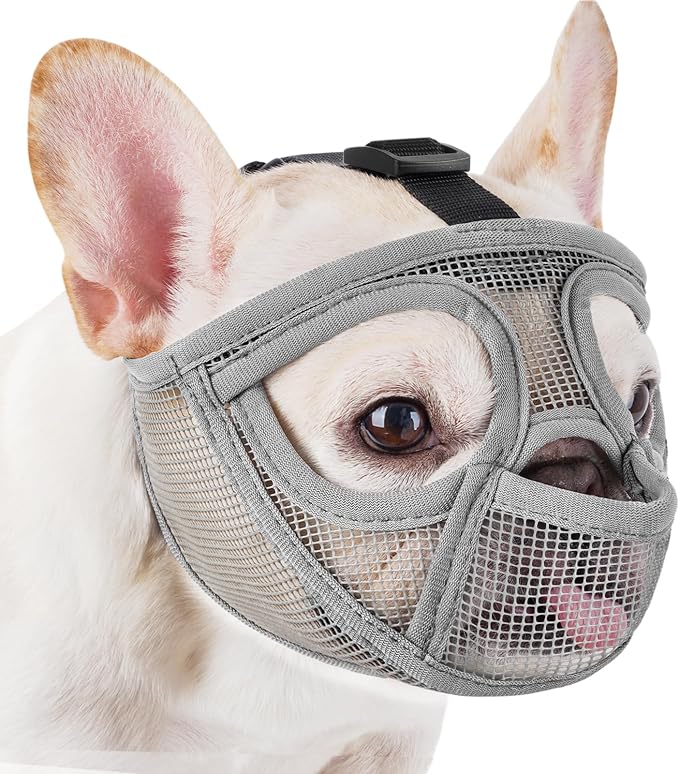 Mesh Short Snout Dog Muzzle with Anti-Eating Design for Frenchie | Fits French Bulldog Pug English Bulldog, Prevent Scavenging, Walking Grooming Use , Allows Full Panting Drinking | Grey, M