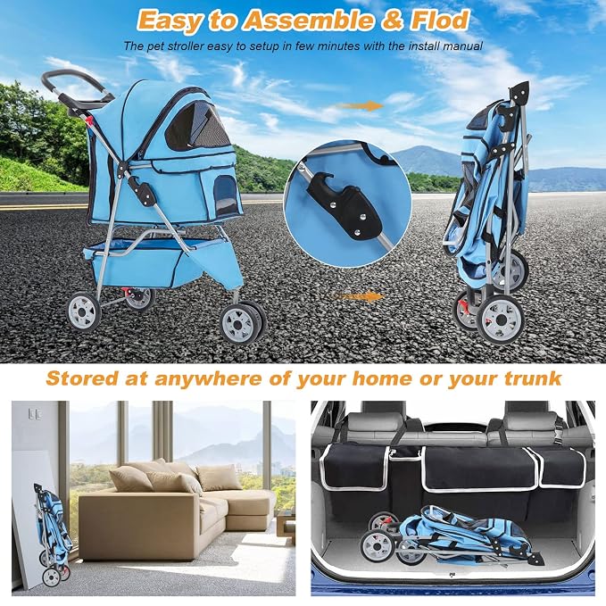 BestPet 3-Wheel Jogger Pet Stroller - Blue, Cup Holder & Removable Liner