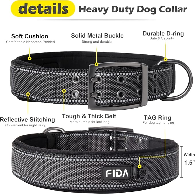 Fida Heavy Duty Dog Collar for Large Dogs with Metal Belt Buckle, Black | 1.5" Width, Soft Neoprene Padded, Thicker Nylon Webbing, Adjustable Fit, Reflective Stitching for Night Safety