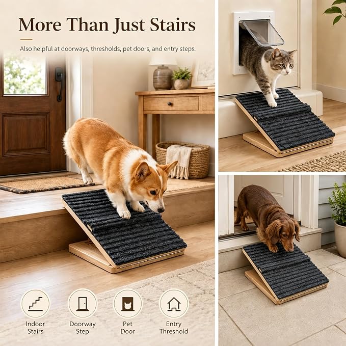3 Pack Dog Ramp for Stairs – Solid Wood Adjustable & Foldable, 4 Heights, Non-Slip Silicone Base, Traction Felt, Raised Pause Strip, 35lb for Small & Senior Dogs