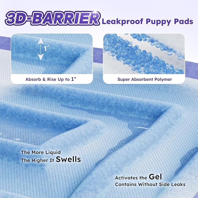 ZOMISIA 3D-Barrier Puppy Pee Pads for Dogs, 7 Cups Absorb & Rise Puffy Gel-Wall Leak-Proof, 22"x23" 50 Counts + 8 Pet Urine Test Strips, Super Absorbent Disposable Potty Training Pads