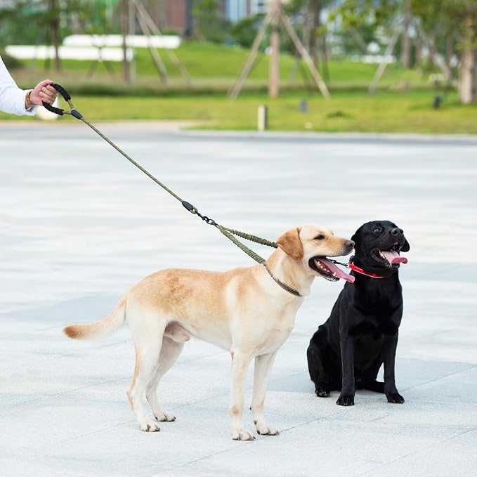 iYoShop Double Dog Leash, 360° Swivel, No Tangle, Medium, Military Green | Dual Leash for Two Dogs, Split Leash, Shock-Absorbing Bungee, Padded Handle, Heavy-Duty Rope
