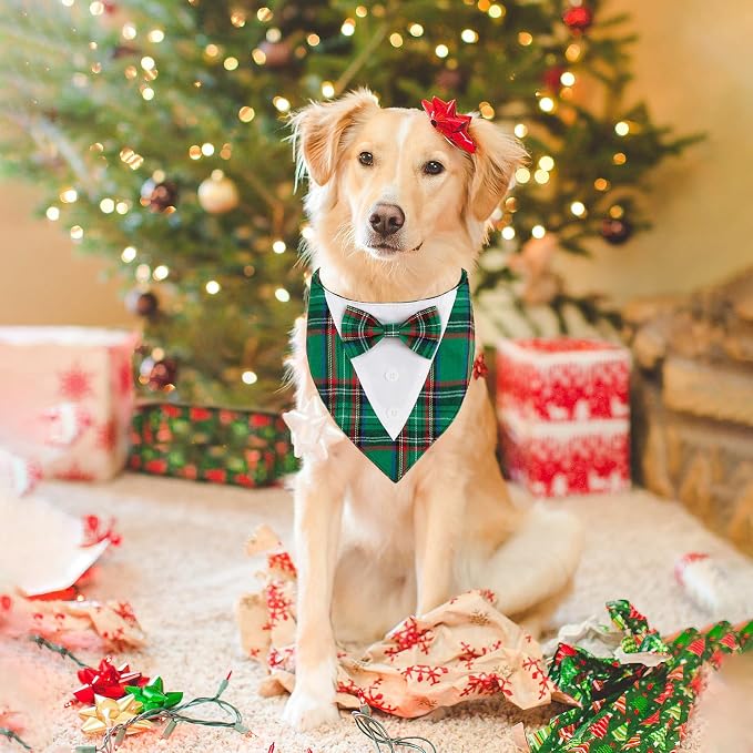 Adjustable Green Plaid Christmas Dog Tuxedo Bandana with Bow Tie, Small, XS, Green
