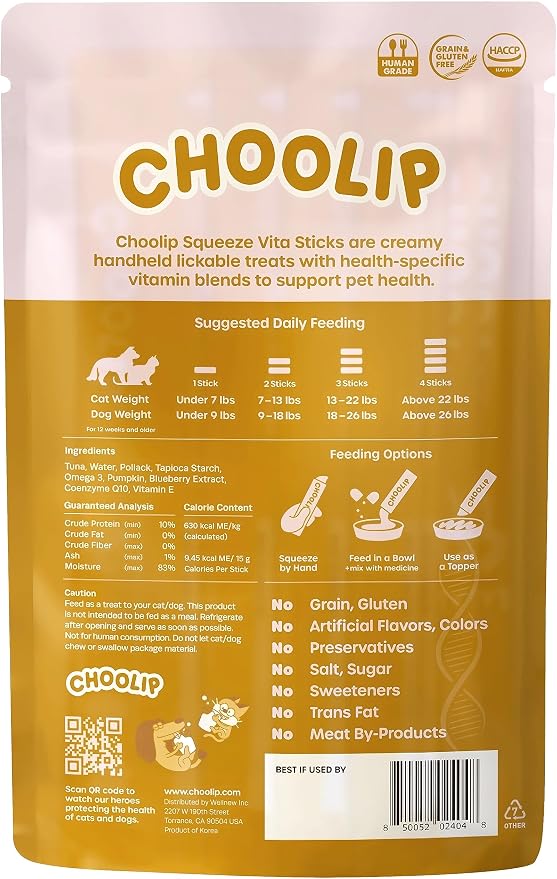 Choolip Squeeze Vita Stick Lickable Cat and Dog Treats, 7-Count Kidney Support, Tuna and Pollack with Pumpkin, Blueberry and Omega-3, Grain-Free, Vet-Formulated