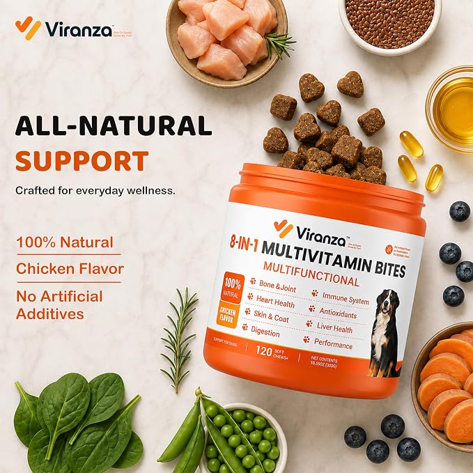 120 Dog Multivitamin | 8-in-1 Dog Allergy Chews | Probiotics for Dogs | Daily Dog Vitamins & Supplements, Chicken Flavor Multivitamin for Digestion, Gut, Hip & Joint, Skin & Coat and Immune Support