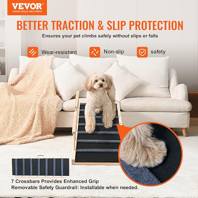 VEVOR Dog Ramp, Folding Pet Ramp for Bed, Adjustable Dog Ramp for Small, Large, Old Dogs & Cats, Wooden Pet Ramp with 47.2" Long Ramp, Adjustable from 13.8" to 27.6", Suitable for Couch, Sofa, Car