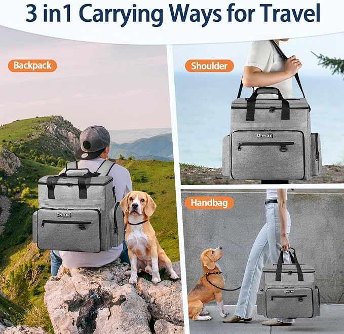 Petskd Dog Travel Bag for Supplies, 27L Large Space Pet Organizer Backpack, Airline Approved Weekend Bag with Multi-Function Pockets for Overnight Camping with 2 Food Containers, 2 Bowls (Grey)