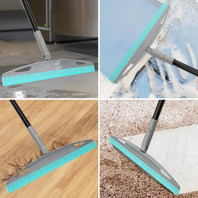 Multifunction Rubber Air Broom, Silicone Floor Squeegee Broom with 59" Long Handle, Scraping Broom for Floor Bathroom Kitchen Shower Tile Pet Hair Fur Marble Glass Water Window Foam Cleaning, Blue