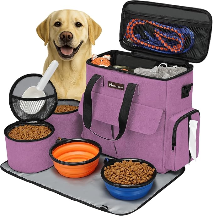 Modoker Dog Food Tote Bag with Food Containers, Bowls & Feeding Mat, Pink