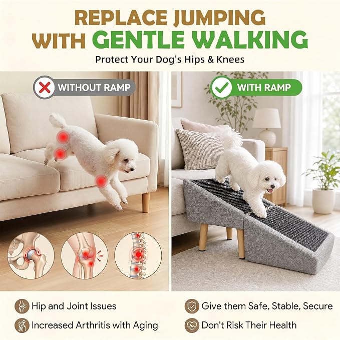 16" H Dog Stairs & Ramp for Small Dogs, 2-in-1 Foldable Wooden Dog Ramp for Low Bed and Couch, Non-Slip Split Ottoman Pet Ramp, Safe for Puppies, Senior, Injured Dogs, Grey