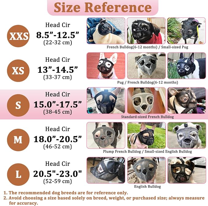 Mesh Short Snout Dog Muzzle with Anti-Eating Design for Frenchie | Fits French Bulldog Pug English Bulldog, Prevent Scavenging, Walking Grooming Use , Allows Full Panting Drinking | Pink, S