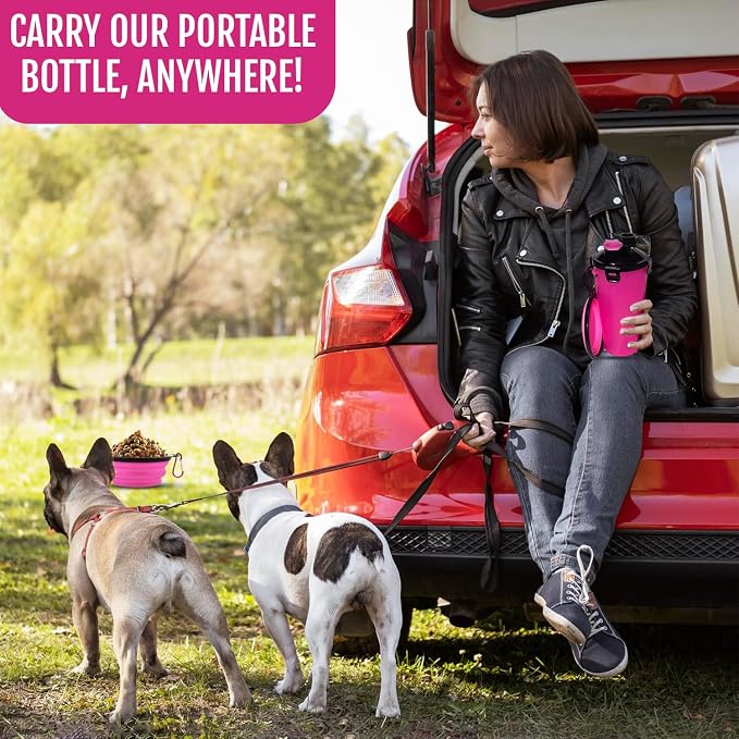2-in-1 Dog Travel Water Bottle with Collapsible Bowl, Pink
