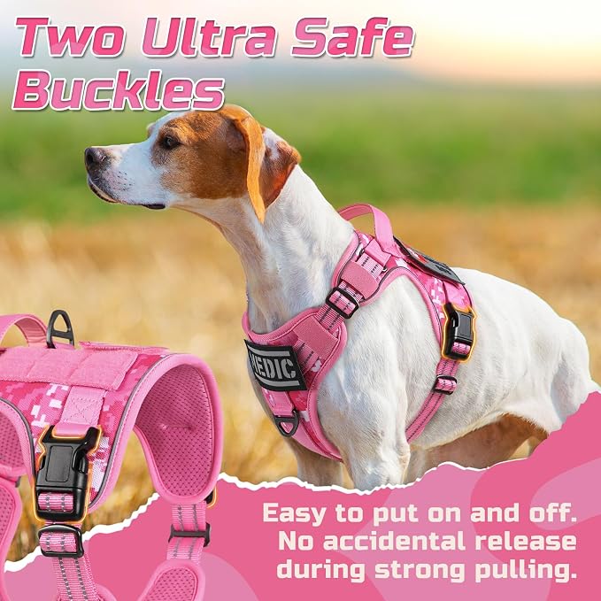 rabbitgoo Tactical Dog Harness for Large, No Pull Military Service Vest | Molle & Handle, Heavy Duty, Adjustable, Reflective Straps, Easy Control for Training Walking, Pink camo, Large