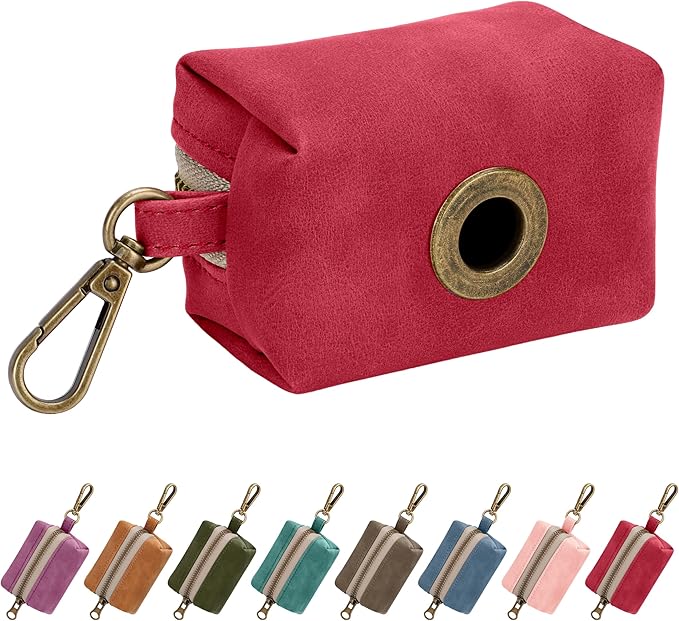 Didog Stylish Dog Poop Bag Holder for Leash, Easy-Pull and Colorful PU Leather Dog Poop Bag Dispenser with Metal Clip, Includes 1 Roll Pet Waste Bag for Daily Walking,Red