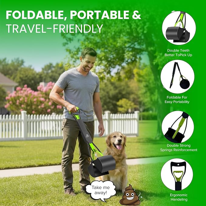 SHAZORY Pooper Scooper for Dogs & Cats – Long Handle, Heavy-Duty Design with Bag Dispenser, Poop Scooper for Large Dogs, Dog Poop Scoop for Yard, Portable for Pet Parents & Dog Walkers (32")