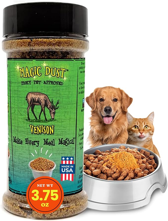 Magic Dust Venison Jerky Topper, Single Protein Pet Food Topper for Dogs & Cats, Enhance Flavor & Elevate Mealtime Excitement for Picky Eaters - 3.5 Ounce Bottle in Venison Flavor