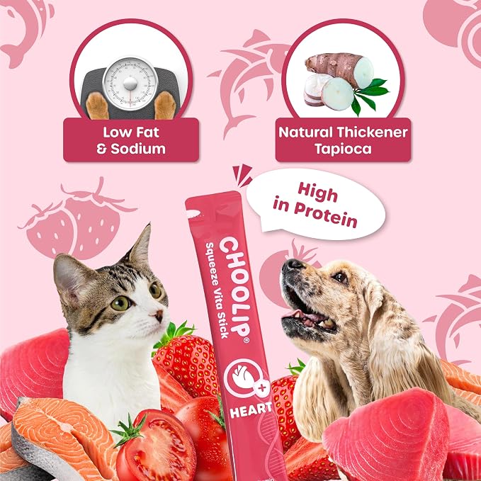 Choolip Squeeze Vita Stick Lickable Cat and Dog Treats, 7-Count Heart Support, Salmon and Tuna with CoQ10, Taurine and L-Carnitine, Grain-Free, Vet-Formulated