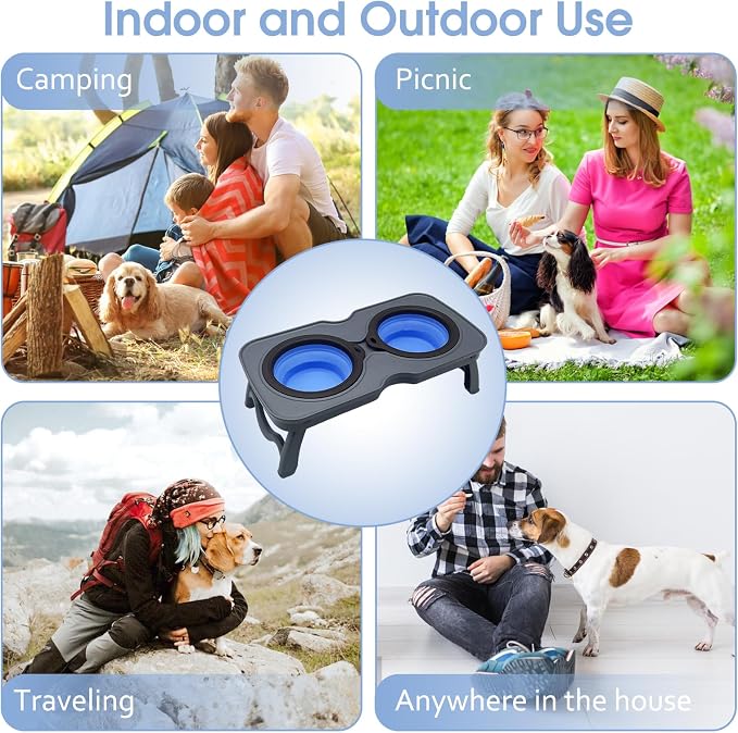 PINVNBY Elevated Portable Dog Bowl Stand with Collapsible Bowls