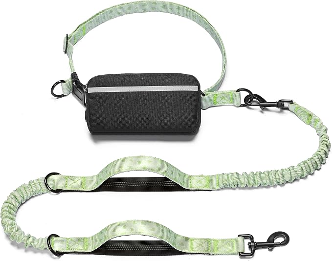 iYoShop Hands Free Dog Leash with Zipper Pouch, Green Heart, Large | Waist Leash, Dual Padded Handles, Shock-Absorbing Bungee, Adjustable Waist Belt, Walking and Running