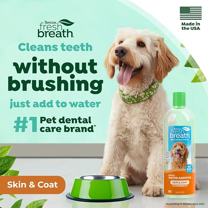 TropiClean Fresh Breath Water Additive for Skin Health Support, 33.8oz | Supports Skin Health | Freshens Breath & Cleans Teeth | No Toothpaste or Toothbrush Required
