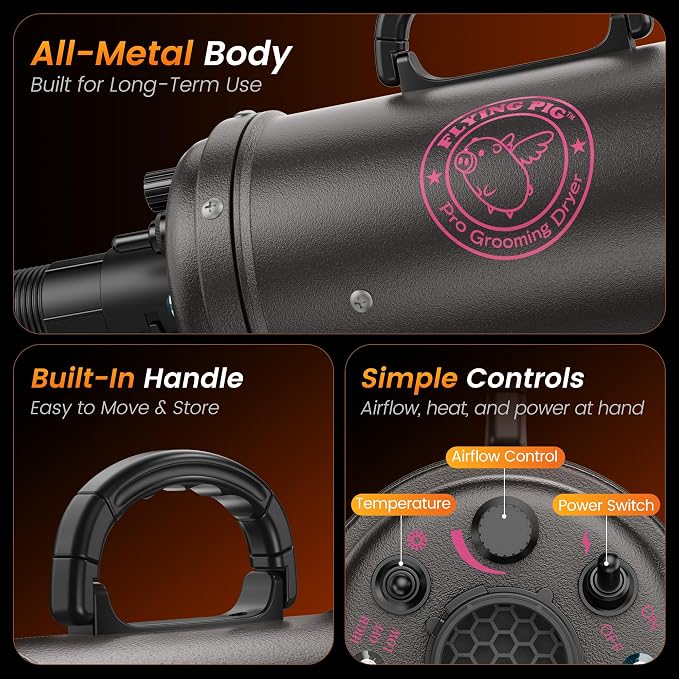 Flying Pig Turbo Dog Grooming Dryer with ForceFlow Drying Power, Variable Speed and Heat Control (Dark Grey w/Pink Logo)