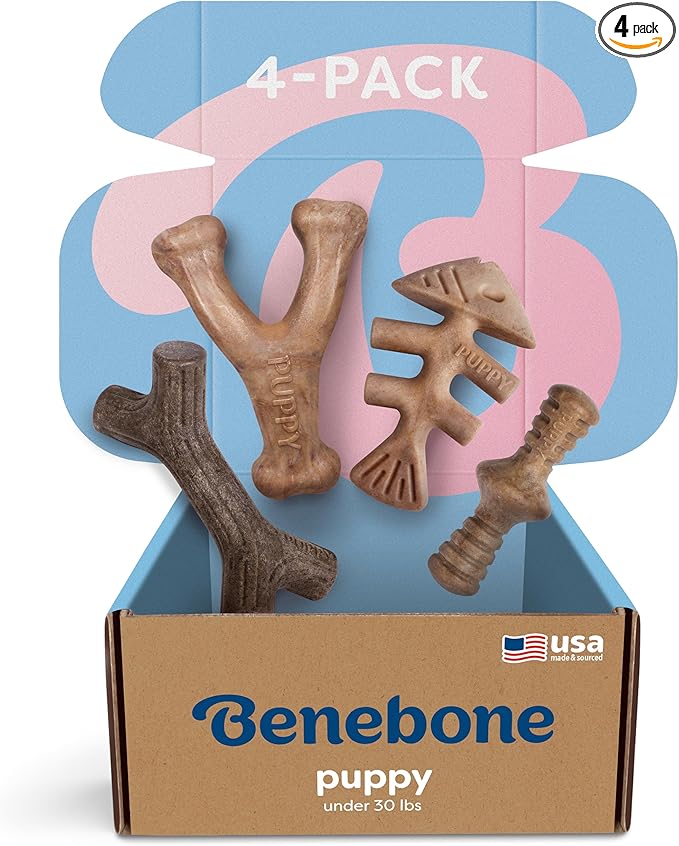 Benebone Puppy 4-Pack Dog Chew Toys for Gentle Chewers, Dog Bones, Small | Durable Made in USA, REAL Bacon, Jack Salmon & Maplewood Flavors, Puppy Teething Toys