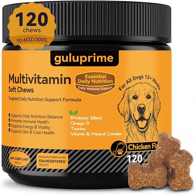 Dog Multivitamin Soft Chews, Daily Vitamins for Dogs, 120 Count | Dog Vitamins & Minerals for Heart & Vision Support, 23 Active Ingredients with CoQ10, Taurine, Lutein & Omega-3 Fish Oil