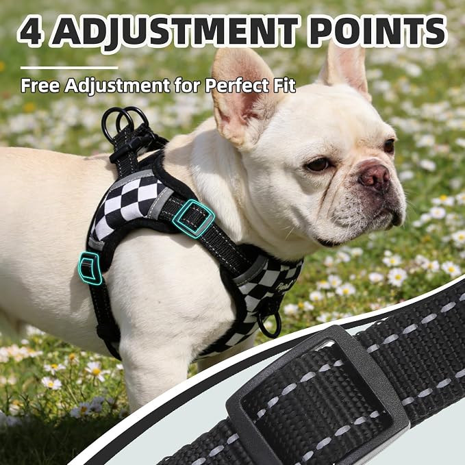 PUPTECK Dog Harness Small Sized Dog, Step in Adjustable Reflective Dog Vest Harness Escape Proof, No Pull Soft Padded Harness Easy Control, Checkered, M