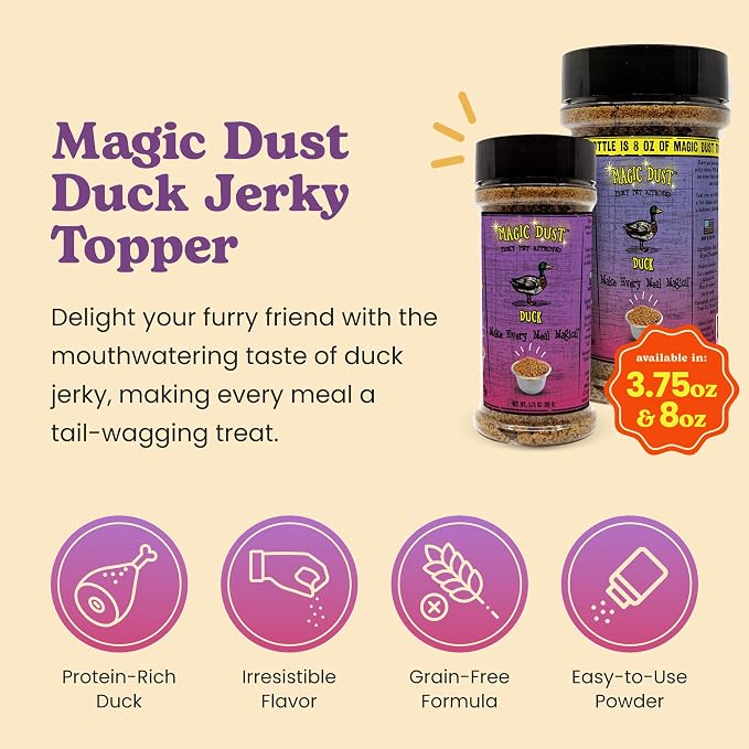 Magic Dust Duck Jerky Topper, Single Protein Pet Food Topper for Dogs & Cats, Enhance Flavor & Elevate Mealtime Excitement for Picky Eaters - 3.5 Ounce Bottle in Duck Flavor
