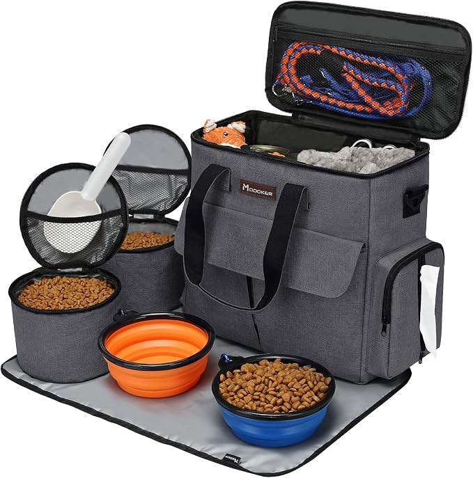 Modoker Airline Approved Pet Travel Bag Weekend Set with Food Containers & Bowls, Dark Gray