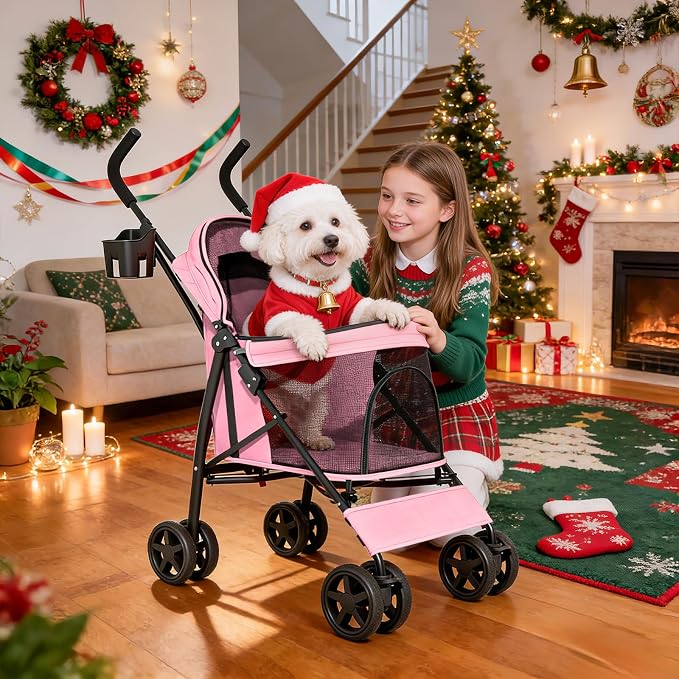 MoNiBloom 4-Wheel Foldable Pet Stroller - Pink, up to 22lbs