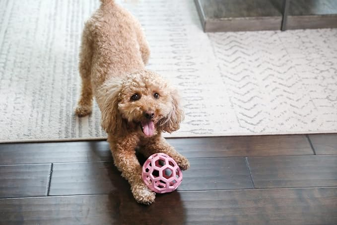 JW Pet HOL-ee Roller Dog Puzzle Ball, Medium 4.5in, Natural Rubber, Pink | Puzzle Ball Design Dog Toy for Interactive Play and Chasing Fun