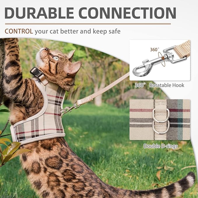 PUPTECK Soft Mesh Cat Vest Harness and Leash Set Puppy Padded Pet Harnesses Escape Proof for Cats Small Dogs Rabbits Bunny, Plaid Beige, S