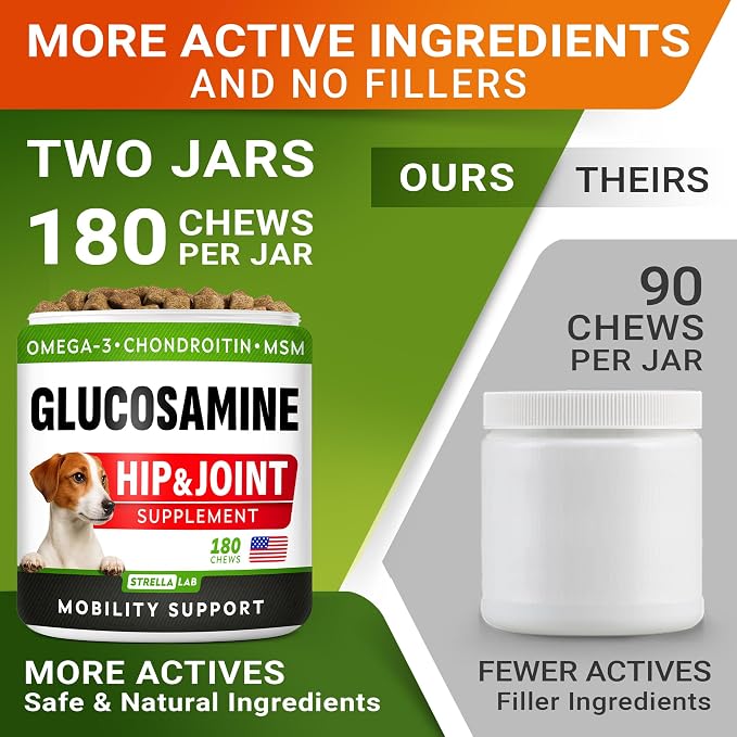 Glucosamine for Dogs - Hip & Joint Supplement for Dogs w/ Omega-3 Fish Oil - Chondroitin MSM - Advanced Mobility Chews - Joint Pain Relief - Hip & Joint Care - Made in USA (360Ct, Pack of 2)