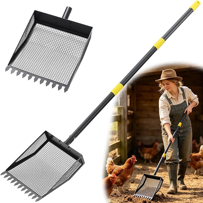 Ihomepark Chicken Poop Scooper & Rake, 42-84" Adjustable Chicken Coop Shovel, 2-in-1 Heavy Duty Iron Sand Sifting Litter Rake for Chicken Coop, Goat, Cat Litter & Barn Yard Waste