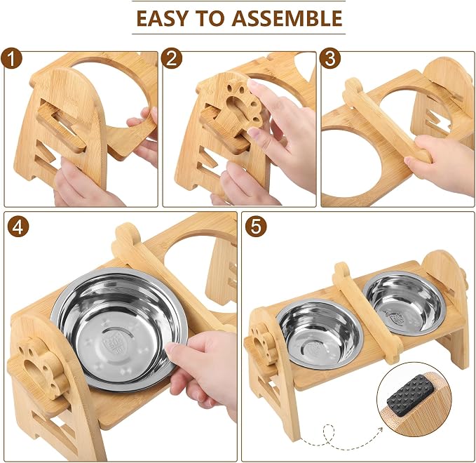 MCEAST Elevated Cat Bowls, Adjustable Raised Dog Bowls Stand with 2 Pieces 304 Stainless Steel Bowls, Bamboo Pet Elevated Bowl Cat Feeder for Newborn Cats Dogs Pets from 4.4 to 11 Pounds