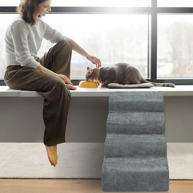 Dog Stairs for Small Dogs - High Density Foam Dog Ramp, Extra Wide Pet Steps with Non-Slip Bottom for High Beds, Couche and Sofa, Best for Pet Injured, Older Dogs Cats (Grey, 4 Steps)