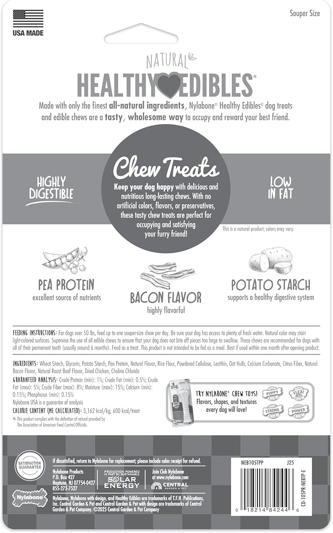 Nylabone Healthy Edibles Natural Dog Chews, Long Lasting Bones for Dogs, Bacon Flavor Dog Treats, X-Large (2 Count)