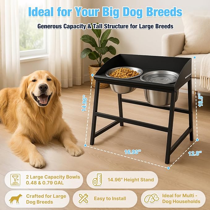 Elevated Dog Bowls Large Breed, 15" Tall No Spill Tilted Water Bowl for Dogs with Stand, Full Metal & Stainless Steel Raised Dog Bowl Design for Indoor and Outdoor Use