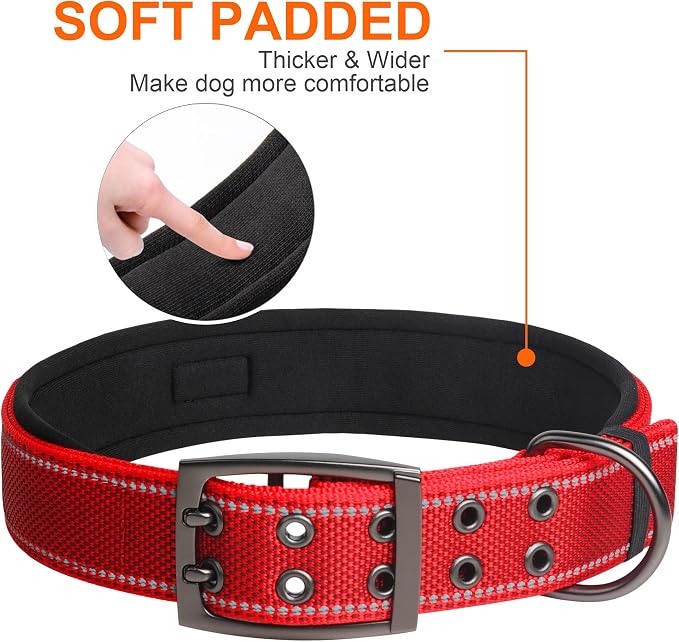 Fida Heavy Duty Dog Collar for Large Dogs with Metal Belt Buckle, Red | 1.5" Width, Soft Neoprene Padded, Thicker Nylon Webbing, Adjustable Fit, Reflective Stitching for Night Safety